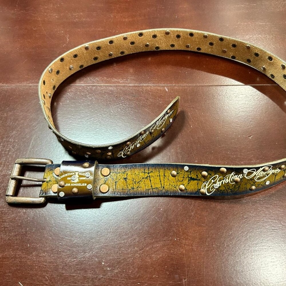 Christian Audigier Vintage Handmade Genuine Leather Belt (Crystal/Stud Effect)